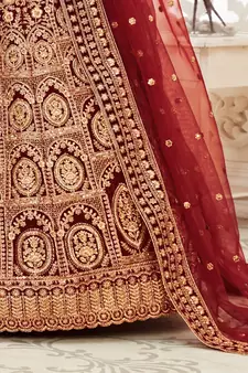 Dark Red Zari Sequins And Thread Embroidered Velvet Lehenga Choli For Wedding