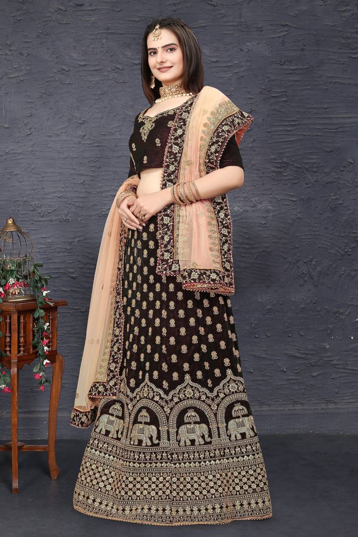 Maroon Zari Sequins And Thread Embroidered Velvet Semi Stitched Bridal Lehenga