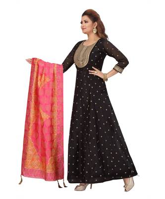 BLACK COLOR GOLDEN EMBELLISHED WORK & SEQUENCE CHANDERI FLAIR WITH ART SILK PRINTED DUPATTA kurti 1