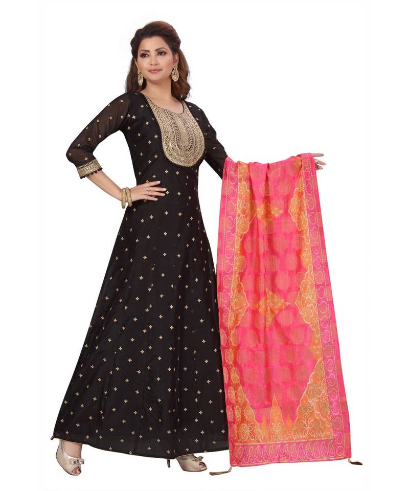 BLACK COLOR GOLDEN EMBELLISHED WORK & SEQUENCE CHANDERI FLAIR WITH ART SILK PRINTED DUPATTA kurti