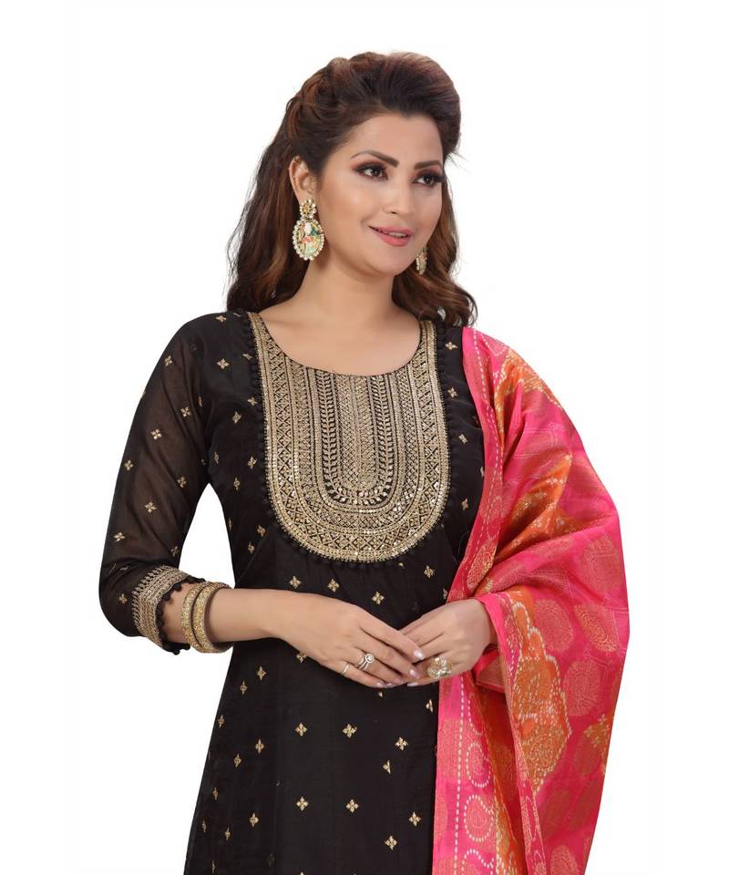 BLACK COLOR GOLDEN EMBELLISHED WORK & SEQUENCE CHANDERI FLAIR WITH ART SILK PRINTED DUPATTA kurti