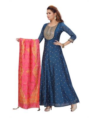 BLUE COLOR GOLDEN EMBELLISHED WORK & SEQUENCE CHANDERI FLAIR WITH ART SILK PRINTED DUPATTA kurti  1