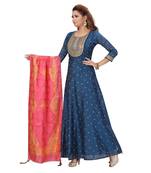 BLUE COLOR GOLDEN EMBELLISHED WORK & SEQUENCE CHANDERI FLAIR WITH ART SILK PRINTED DUPATTA kurti 