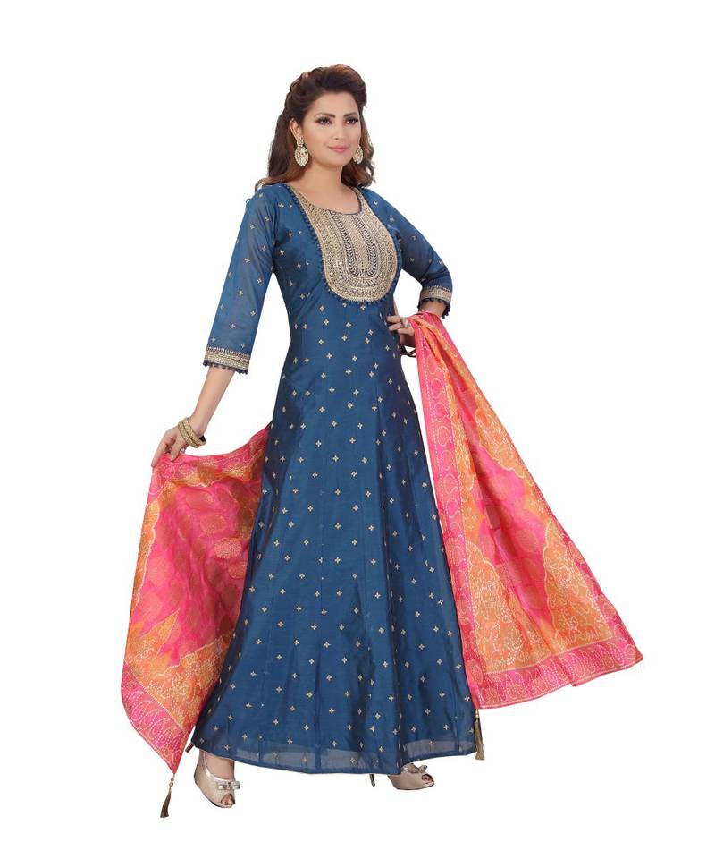 BLUE COLOR GOLDEN EMBELLISHED WORK & SEQUENCE CHANDERI FLAIR WITH ART SILK PRINTED DUPATTA kurti 