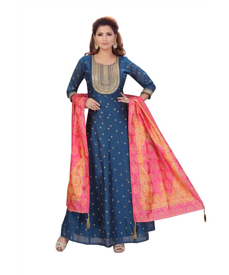 BLUE COLOR GOLDEN EMBELLISHED WORK & SEQUENCE CHANDERI FLAIR WITH ART SILK PRINTED DUPATTA kurti 
