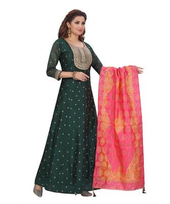 DARK GREEN COLOR GOLDEN EMBELLISHED WORK & SEQUENCE CHANDERI FLAIR WITH ART SILK PRINTED DUPATTA kurta  1