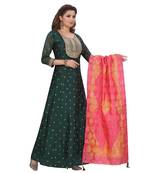 DARK GREEN COLOR GOLDEN EMBELLISHED WORK & SEQUENCE CHANDERI FLAIR WITH ART SILK PRINTED DUPATTA kurta 