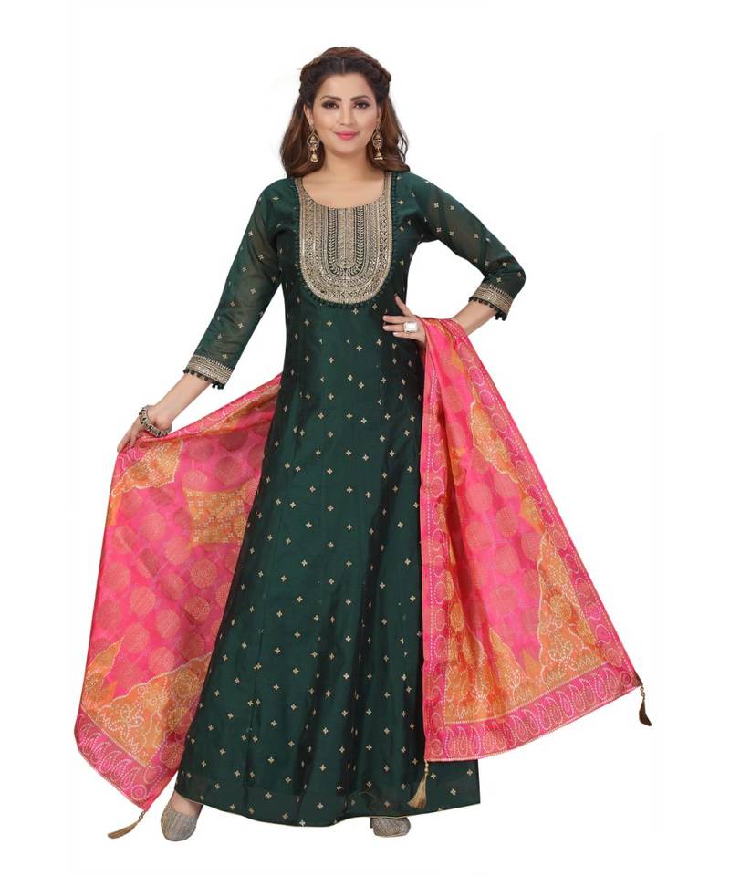 DARK GREEN COLOR GOLDEN EMBELLISHED WORK & SEQUENCE CHANDERI FLAIR WITH ART SILK PRINTED DUPATTA kurta 