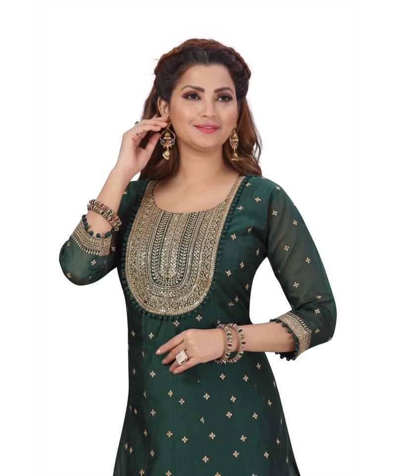 DARK GREEN COLOR GOLDEN EMBELLISHED WORK & SEQUENCE CHANDERI FLAIR WITH ART SILK PRINTED DUPATTA kurta 