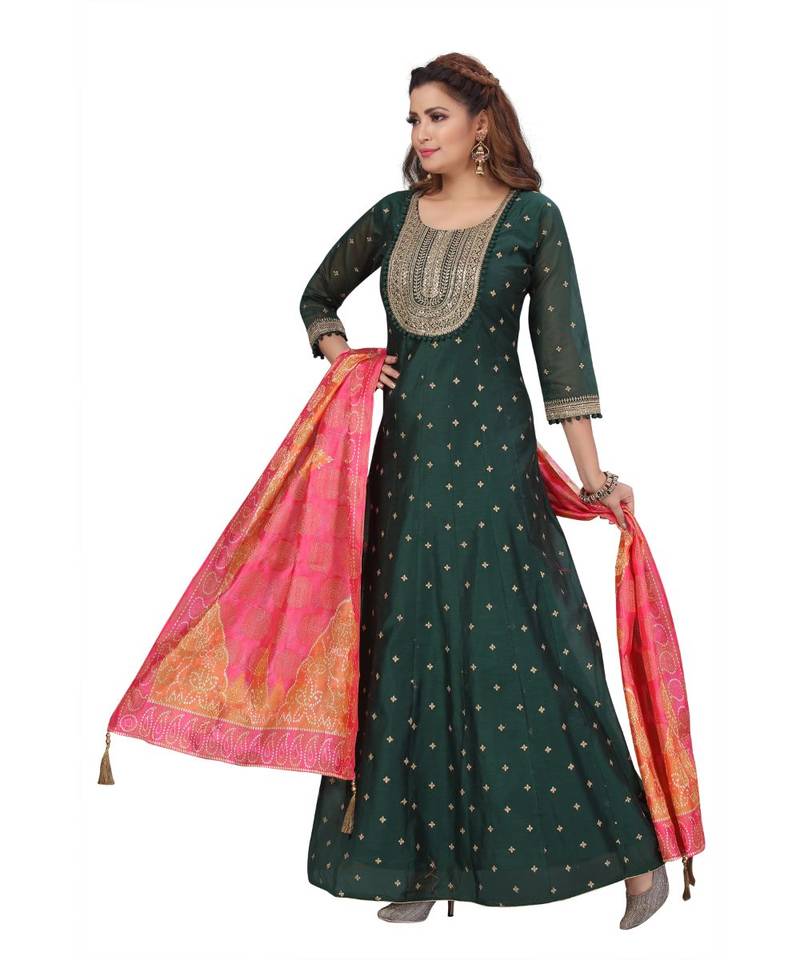 DARK GREEN COLOR GOLDEN EMBELLISHED WORK & SEQUENCE CHANDERI FLAIR WITH ART SILK PRINTED DUPATTA kurta 
