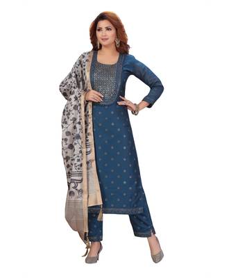 BLUE COLOR EMBELLISHED WORK & SEQUENCE CHANDERI STRAIGHT PANT SET WITH  PRINTED DUPATTA kurta  1