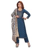 BLUE COLOR EMBELLISHED WORK & SEQUENCE CHANDERI STRAIGHT PANT SET WITH  PRINTED DUPATTA kurta 