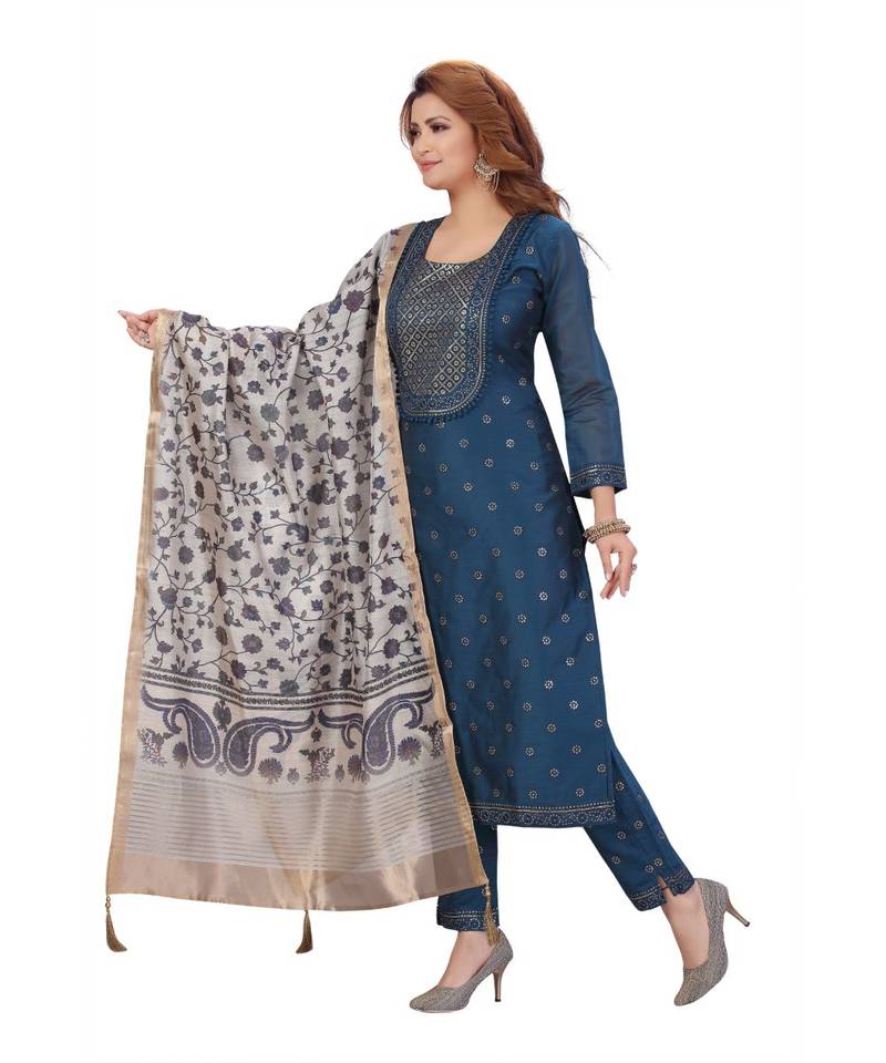 BLUE COLOR EMBELLISHED WORK & SEQUENCE CHANDERI STRAIGHT PANT SET WITH  PRINTED DUPATTA kurta 