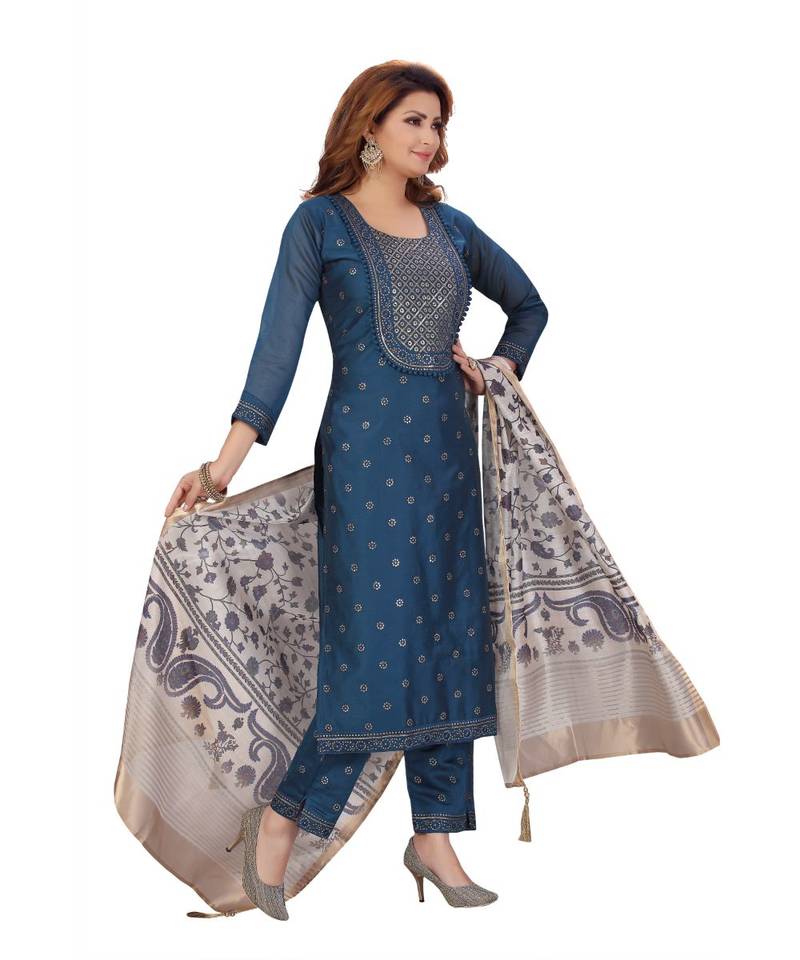 BLUE COLOR EMBELLISHED WORK & SEQUENCE CHANDERI STRAIGHT PANT SET WITH  PRINTED DUPATTA kurta 
