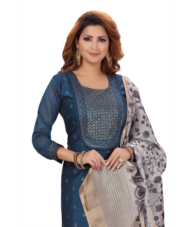 BLUE COLOR EMBELLISHED WORK & SEQUENCE CHANDERI STRAIGHT PANT SET WITH  PRINTED DUPATTA kurta 