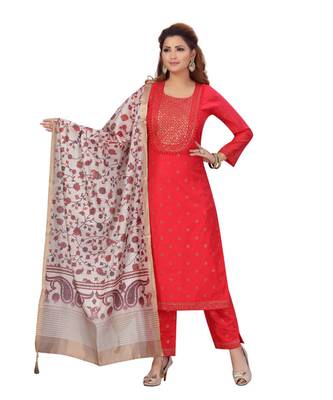 FUSCHIA PINK COLOR EMBELLISHED WORK & SEQUENCE CHANDERI STRAIGHT PANT SET WITH  PRINTED DUPATTA kurta 1