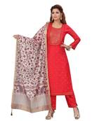 FUSCHIA PINK COLOR EMBELLISHED WORK & SEQUENCE CHANDERI STRAIGHT PANT SET WITH  PRINTED DUPATTA kurta