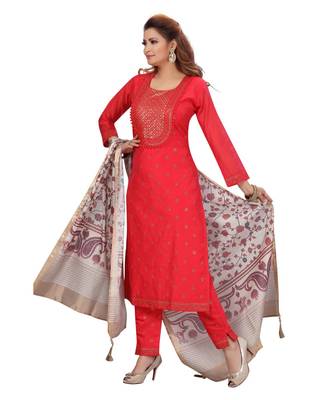 FUSCHIA PINK COLOR EMBELLISHED WORK & SEQUENCE CHANDERI STRAIGHT PANT SET WITH  PRINTED DUPATTA kurta 2