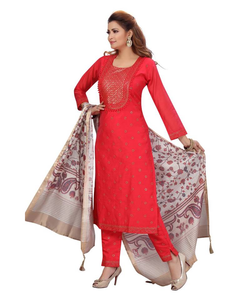 FUSCHIA PINK COLOR EMBELLISHED WORK & SEQUENCE CHANDERI STRAIGHT PANT SET WITH  PRINTED DUPATTA kurta