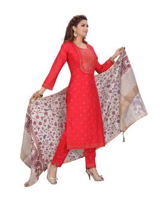 FUSCHIA PINK COLOR EMBELLISHED WORK & SEQUENCE CHANDERI STRAIGHT PANT SET WITH  PRINTED DUPATTA kurta 3