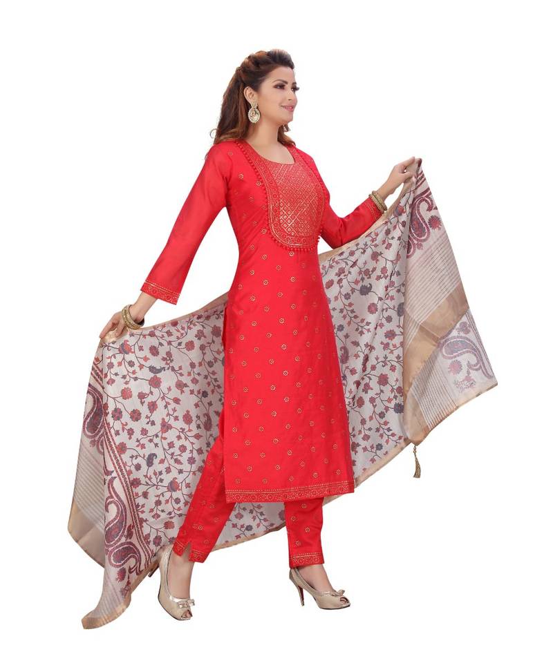 FUSCHIA PINK COLOR EMBELLISHED WORK & SEQUENCE CHANDERI STRAIGHT PANT SET WITH  PRINTED DUPATTA kurta