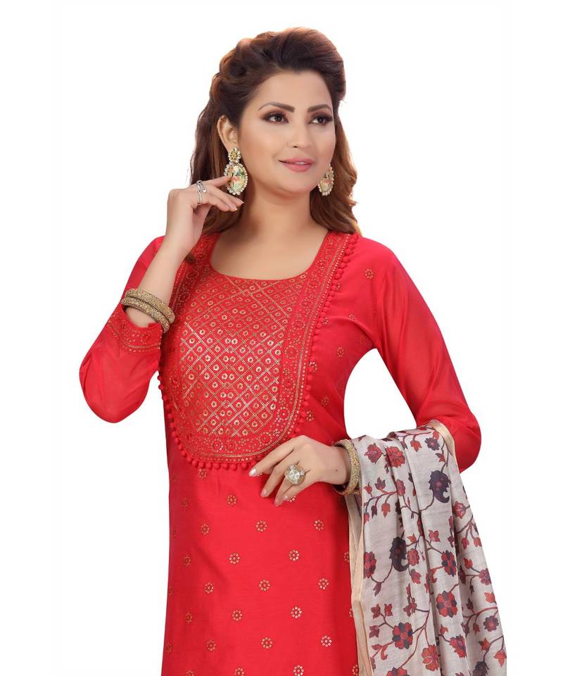 FUSCHIA PINK COLOR EMBELLISHED WORK & SEQUENCE CHANDERI STRAIGHT PANT SET WITH  PRINTED DUPATTA kurta
