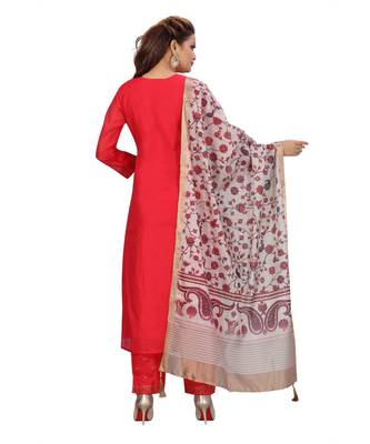 FUSCHIA PINK COLOR EMBELLISHED WORK & SEQUENCE CHANDERI STRAIGHT PANT SET WITH  PRINTED DUPATTA kurta 5