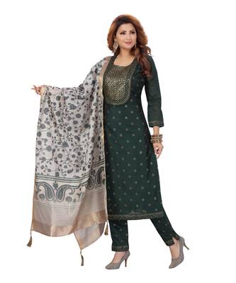 DARK GREEN COLOR EMBELLISHED WORK & SEQUENCE CHANDERI STRAIGHT PANT SET WITH  PRINTED DUPATTA kurta 1