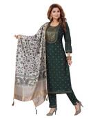 DARK GREEN COLOR EMBELLISHED WORK & SEQUENCE CHANDERI STRAIGHT PANT SET WITH  PRINTED DUPATTA kurta
