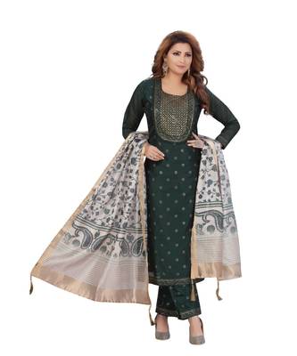 DARK GREEN COLOR EMBELLISHED WORK & SEQUENCE CHANDERI STRAIGHT PANT SET WITH  PRINTED DUPATTA kurta 2