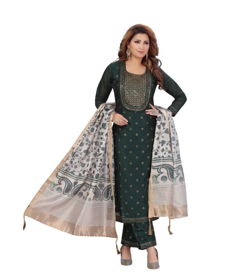 DARK GREEN COLOR EMBELLISHED WORK & SEQUENCE CHANDERI STRAIGHT PANT SET WITH  PRINTED DUPATTA kurta