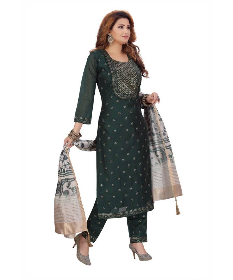 DARK GREEN COLOR EMBELLISHED WORK & SEQUENCE CHANDERI STRAIGHT PANT SET WITH  PRINTED DUPATTA kurta