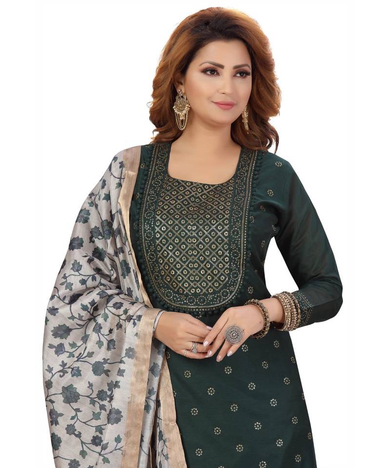 DARK GREEN COLOR EMBELLISHED WORK & SEQUENCE CHANDERI STRAIGHT PANT SET WITH  PRINTED DUPATTA kurta