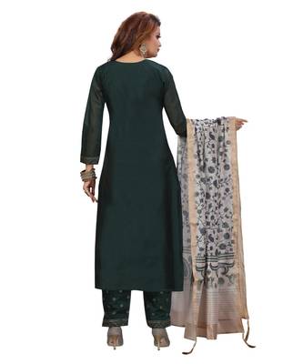 DARK GREEN COLOR EMBELLISHED WORK & SEQUENCE CHANDERI STRAIGHT PANT SET WITH  PRINTED DUPATTA kurta 5