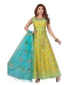 GREEN COLOR HAND WORK PATCH NECKILINE CHANDERI FLAIR & OVERGANZA DUPATTA WITH GOLDEN DORI WORK BUTTA kurta