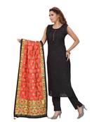 BLACK COLOR SELF EMBELLISHED WORK WITH FANCY BUTTONS CHANDERI PANT SET & VEGITABLE PRINTED DUPATTA kurta