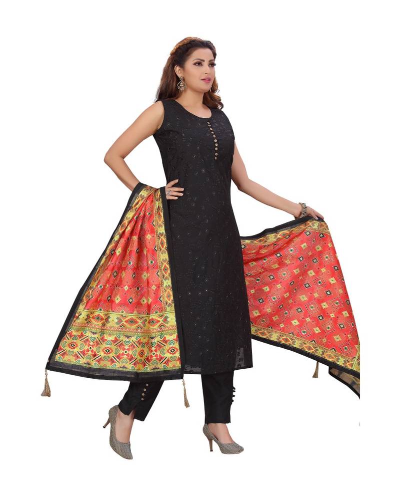 BLACK COLOR SELF EMBELLISHED WORK WITH FANCY BUTTONS CHANDERI PANT SET & VEGITABLE PRINTED DUPATTA kurta