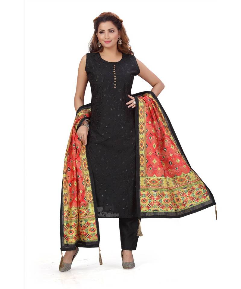 BLACK COLOR SELF EMBELLISHED WORK WITH FANCY BUTTONS CHANDERI PANT SET & VEGITABLE PRINTED DUPATTA kurta