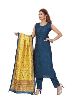 BLUE COLOR SELF EMBELLISHED WORK WITH FANCY BUTTONS CHANDERI PANT SET & VEGITABLE PRINTED DUPATTA kurta 1
