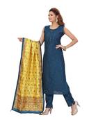 BLUE COLOR SELF EMBELLISHED WORK WITH FANCY BUTTONS CHANDERI PANT SET & VEGITABLE PRINTED DUPATTA kurta