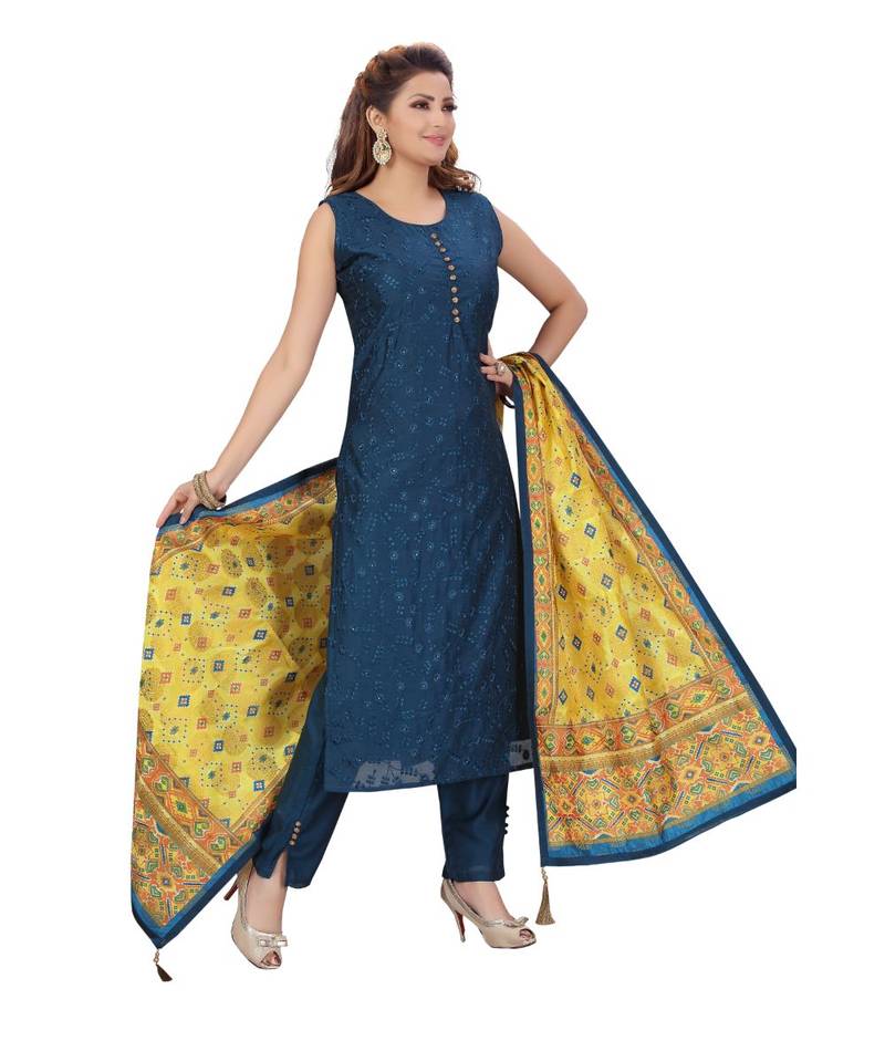 BLUE COLOR SELF EMBELLISHED WORK WITH FANCY BUTTONS CHANDERI PANT SET & VEGITABLE PRINTED DUPATTA kurta