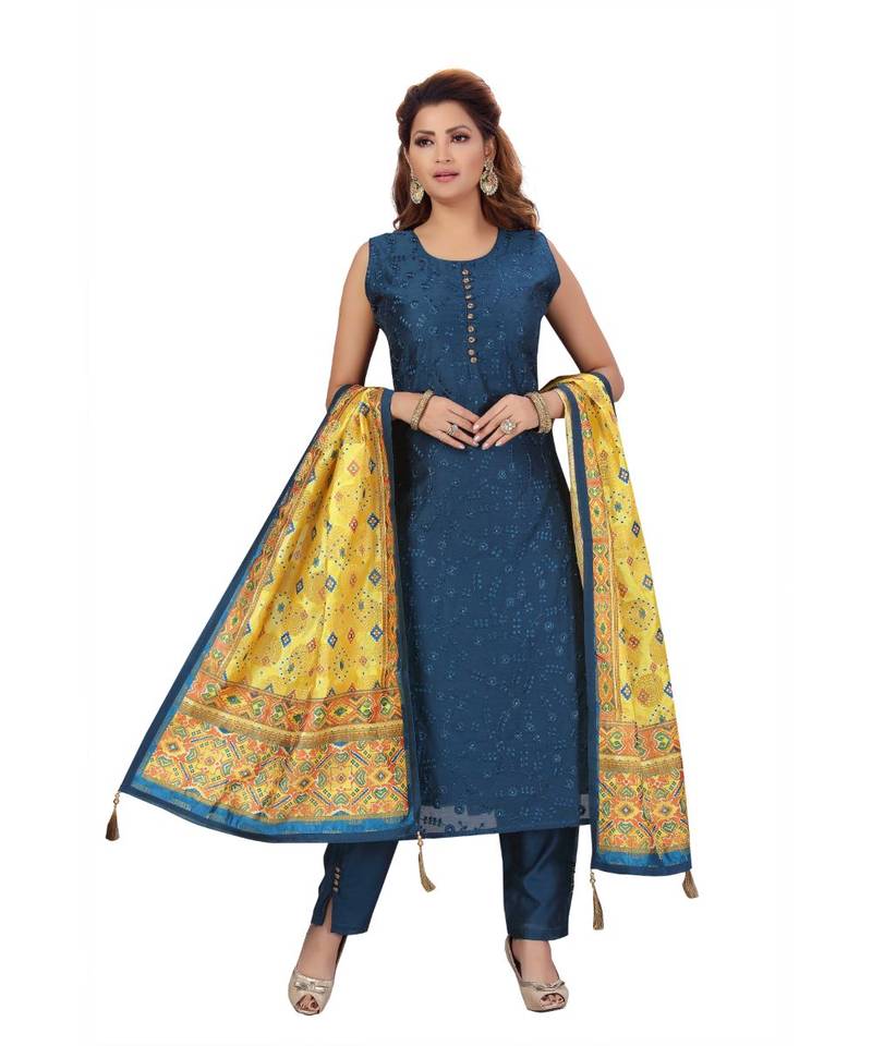 BLUE COLOR SELF EMBELLISHED WORK WITH FANCY BUTTONS CHANDERI PANT SET & VEGITABLE PRINTED DUPATTA kurta