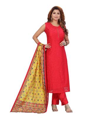 RED COLOR SELF EMBELLISHED WORK WITH FANCY BUTTONS CHANDERI PANT SET & VEGITABLE PRINTED DUPATTA kurti  1