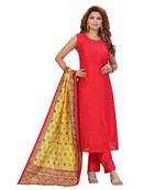 RED COLOR SELF EMBELLISHED WORK WITH FANCY BUTTONS CHANDERI PANT SET & VEGITABLE PRINTED DUPATTA kurti 