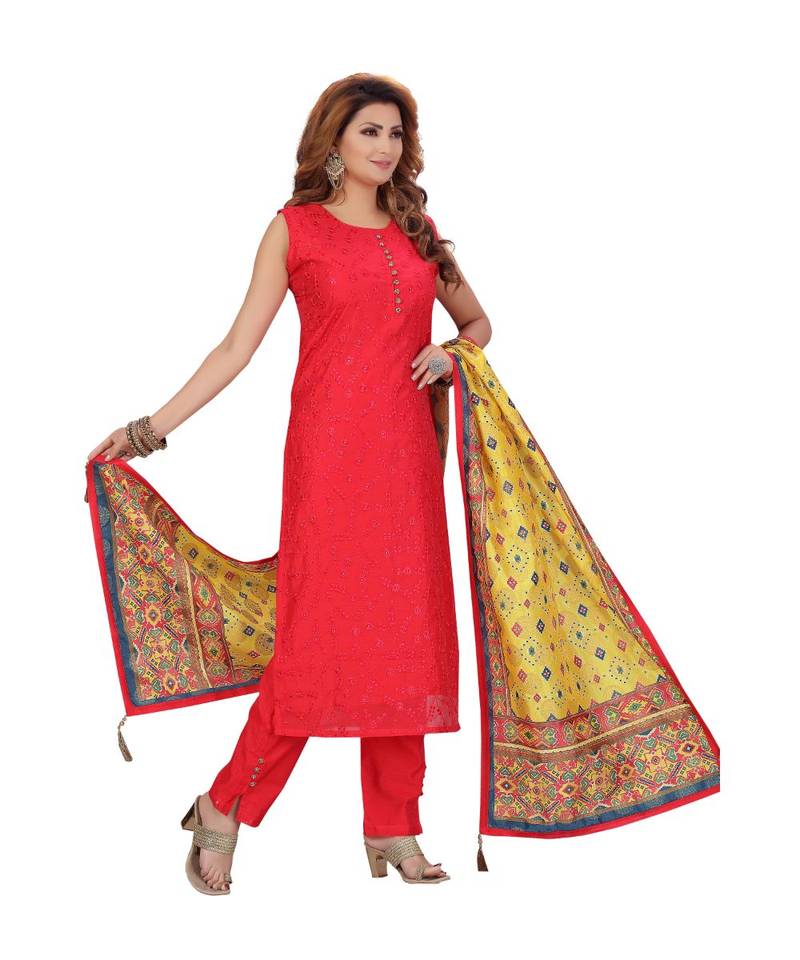 RED COLOR SELF EMBELLISHED WORK WITH FANCY BUTTONS CHANDERI PANT SET & VEGITABLE PRINTED DUPATTA kurti 