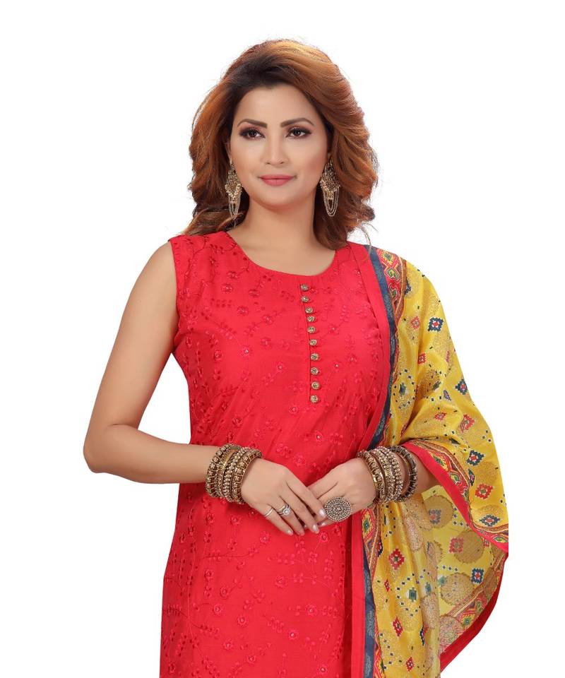 RED COLOR SELF EMBELLISHED WORK WITH FANCY BUTTONS CHANDERI PANT SET & VEGITABLE PRINTED DUPATTA kurti 