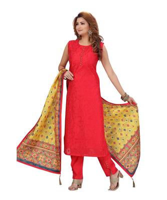 RED COLOR SELF EMBELLISHED WORK WITH FANCY BUTTONS CHANDERI PANT SET & VEGITABLE PRINTED DUPATTA kurti  4