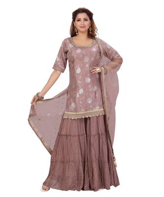 Dusty Peach Color Self Jacquard Kurta Georgette Garara Net Dupatta Hand Work Neckline 1