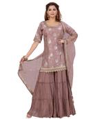 Dusty Peach Color Self Jacquard Kurta Georgette Garara Net Dupatta Hand Work Neckline