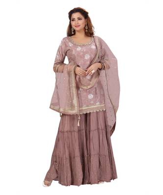 Dusty Peach Color Self Jacquard Kurta Georgette Garara Net Dupatta Hand Work Neckline 2